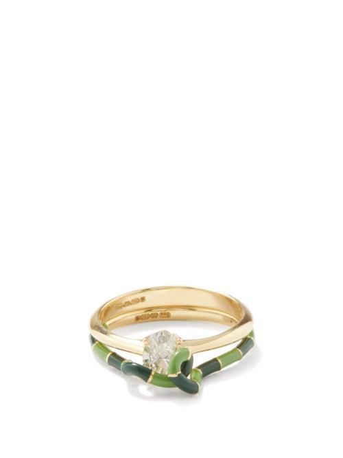 Bea Bongiasca - Drop Cut Diamond, Enamel & 18kt Gold Ring - Womens - Green Gold
