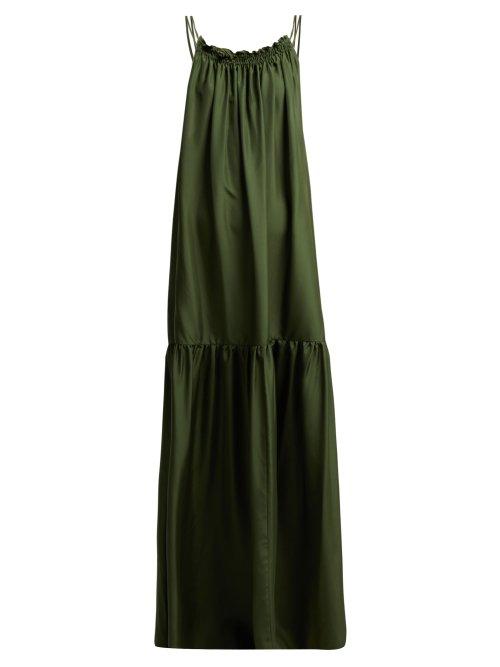 Matchesfashion.com Three Graces London - Tatyana Gathered Silk Satin Maxi Dress - Womens - Dark Green