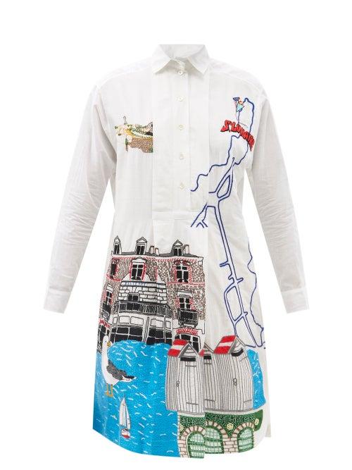 Ladies Beachwear Kilometre Paris - Saint-lunaire Embroidered Cotton-khadi Shirt Dress - Womens - White Multi