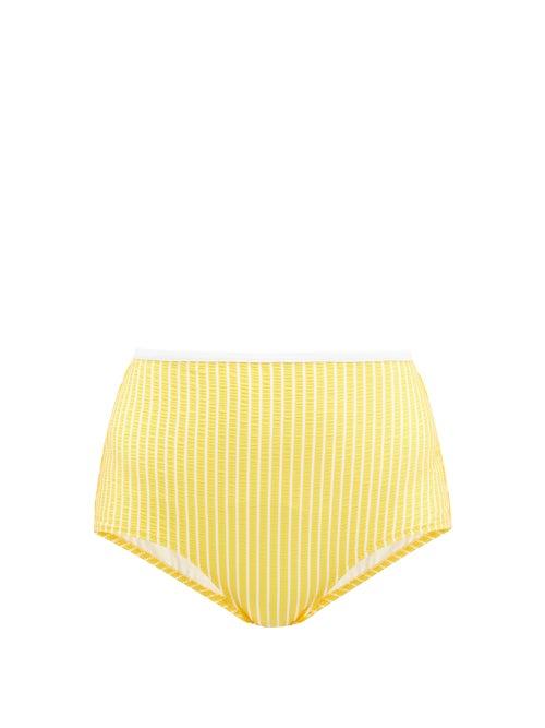 Matchesfashion.com Solid & Striped - The Brigitte High-rise Seersucker Bikini Briefs - Womens - Yellow