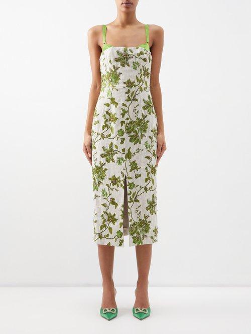 Erdem - Susanne Crystal-embellished Linen Midi Dress - Womens - Green Multi