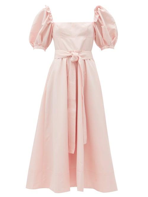 Matchesfashion.com Self-portrait - Belted Puff-sleeve Taffeta Midi Dress - Womens - Light Pink