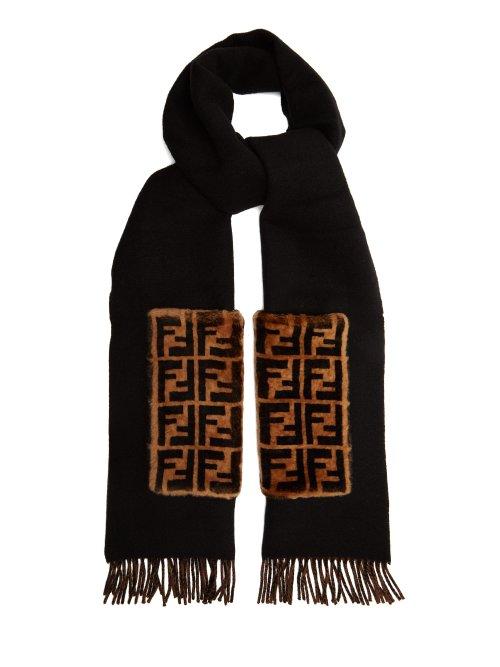 Matchesfashion.com Fendi - Shearling Trimmed Wool And Cashmere Blend Scarf - Womens - Black