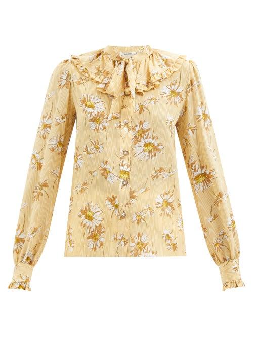Rodarte - Daisy-moir Print Ruffled Silk-georgette Top - Womens - Yellow