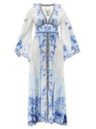 Matchesfashion.com Camilla - Plunge-neck High Tea-print Silk Maxi Dress - Womens - Blue Print
