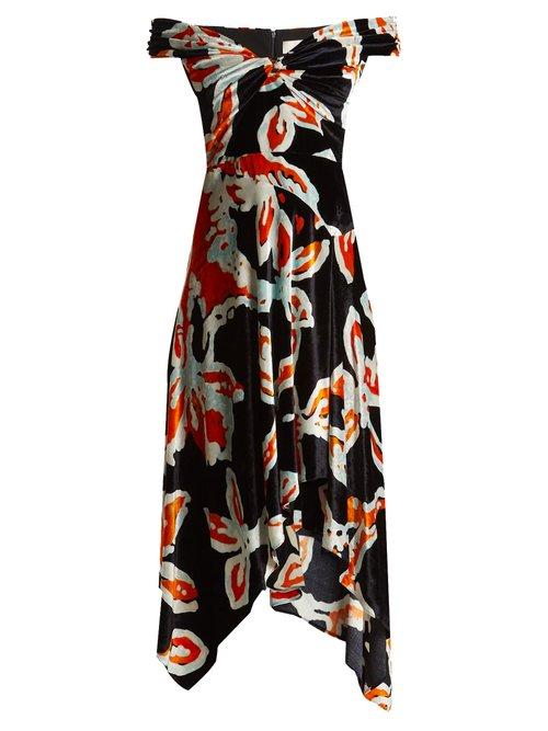 Matchesfashion.com Peter Pilotto - Floral Print Off The Shoulder Velvet Dress - Womens - Navy Print