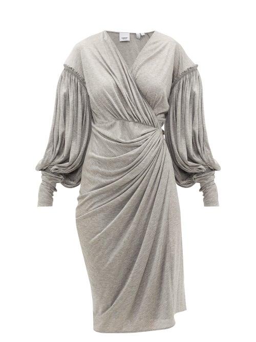 Matchesfashion.com Burberry - Draped-front Balloon-sleeve Jersey Dress - Womens - Grey