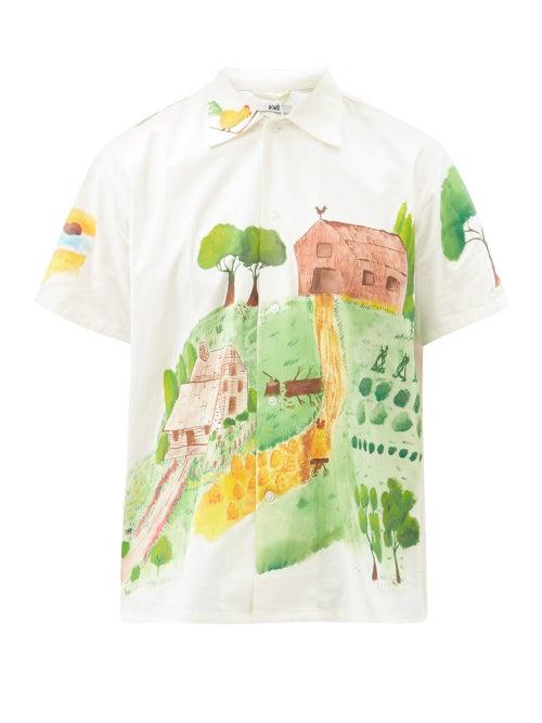 Matchesfashion.com Bode - Countryside-painted Short-sleeved Cotton Shirt - Mens - White