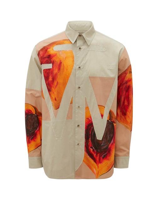 Jw Anderson - Logo-appliqu Peach-print Poplin Shirt - Mens - Beige