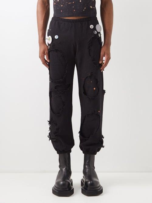 Liberal Youth Ministry - Pin-embellished Distressed Cotton Track Pants - Mens - Black