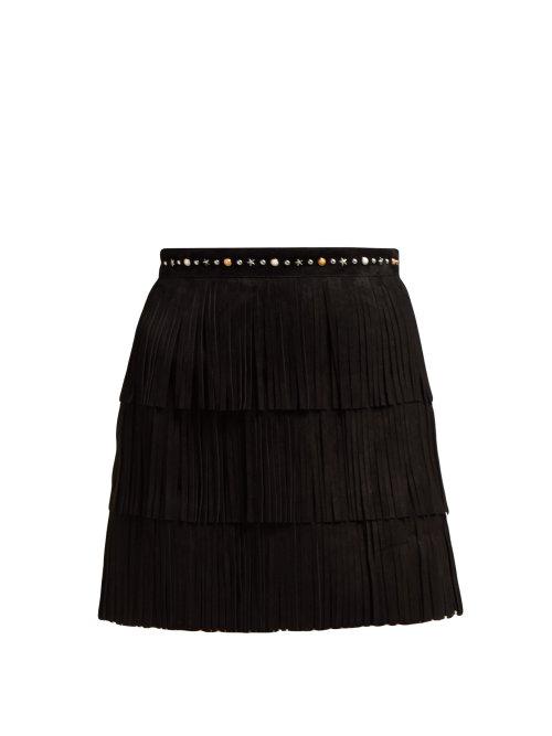 Matchesfashion.com Miu Miu - Fringed Suede Mini Skirt - Womens - Black