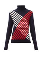 Matchesfashion.com Perfect Moment - Intarsia Stripe Roll Neck Merino Wool Sweater - Womens - Navy