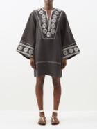 Fil De Vie - Suki Embroidered Ramie-voile Kaftan - Womens - Black Cream