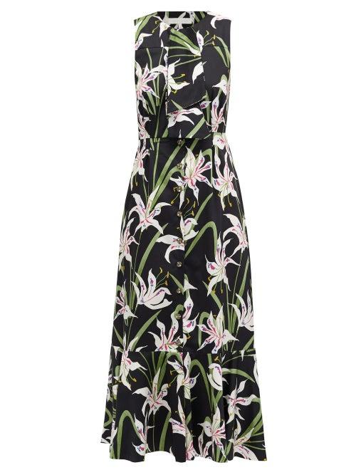 Matchesfashion.com Borgo De Nor - Meta Lily-print Tie-neck Cotton-poplin Dress - Womens - Black Multi