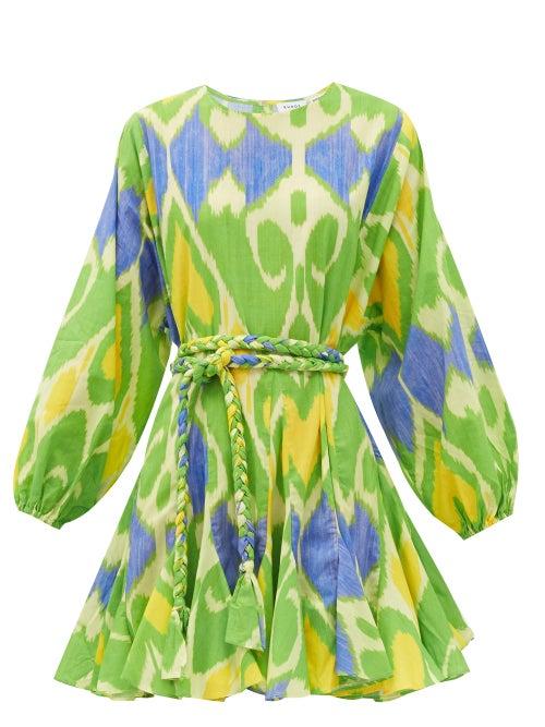 Matchesfashion.com Rhode - Ella Belted Ikat-print Cotton Mini Dress - Womens - Green Print