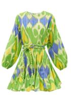 Matchesfashion.com Rhode - Ella Belted Ikat-print Cotton Mini Dress - Womens - Green Print