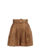 Matchesfashion.com Zimmermann - Empire Zebra-print Pleated Linen Shorts - Womens - Brown Print