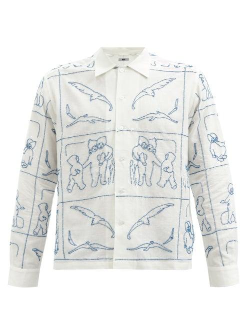Bode - Beaded-scene Linen-blend Poplin Shirt - Mens - White