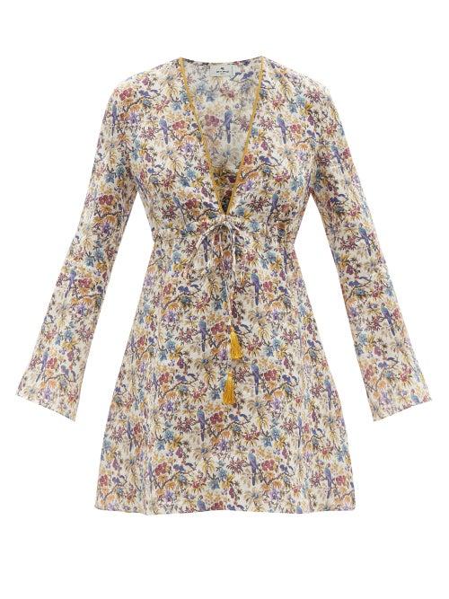 Ladies Beachwear Etro - V-neck Floral-print Voile Kaftan - Womens - White Multi