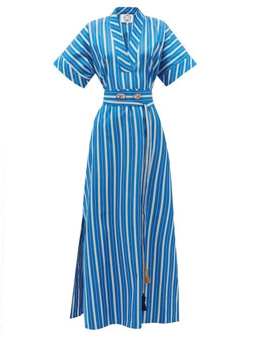Matchesfashion.com Evi Grintela - Mamounia V-neck Striped Dress - Womens - Blue Stripe