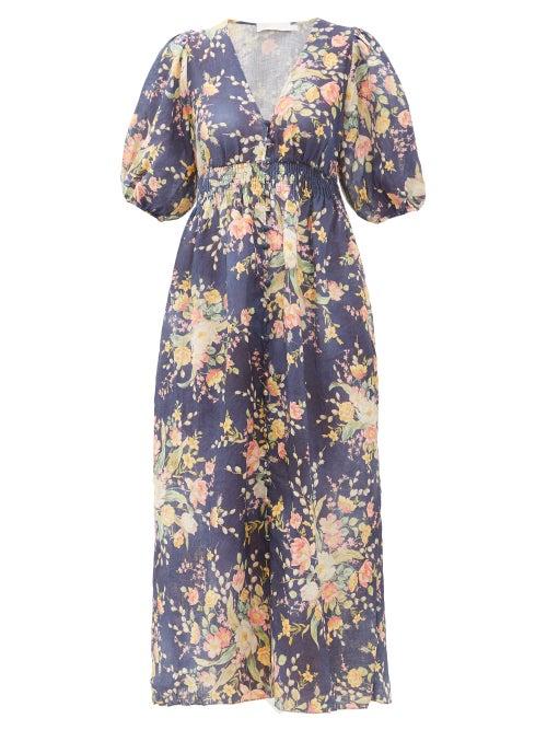 Matchesfashion.com Zimmermann - Zinnia Floral Print Linen Dress - Womens - Blue Print