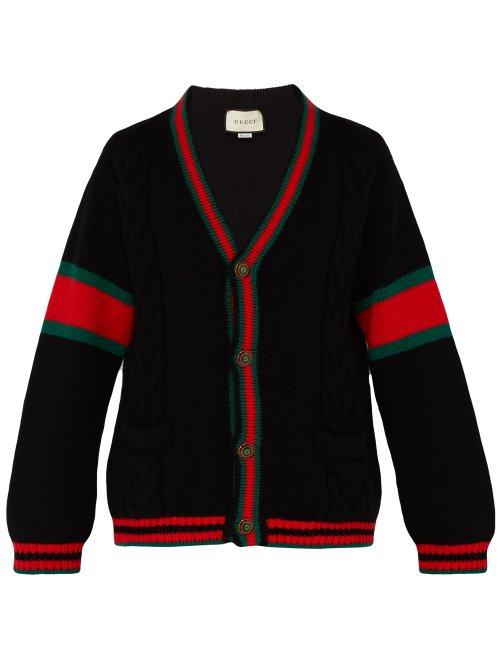Matchesfashion.com Gucci - Oversize Web Stripe Cable Knit Cardigan - Mens - Black Red