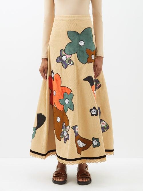 Erl - Floral-appliqu Cotton-corduroy Maxi Skirt - Womens - Beige Multi