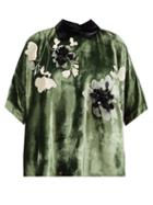 Biyan - Jade Floral-embroidered Velvet Blouse - Womens - Dark Green