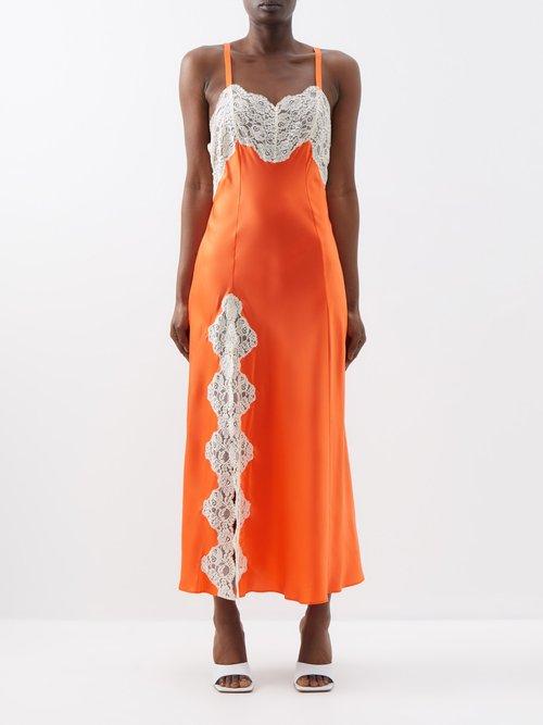 Rodarte - Lace-panelled Silk-satin Slip Dress - Womens - Orange