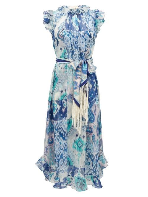 Matchesfashion.com Zimmermann - Glassy Ruffled Ikat-print Cotton-blend Midi Dress - Womens - Blue Print