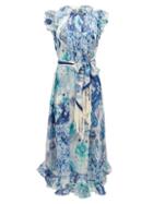 Matchesfashion.com Zimmermann - Glassy Ruffled Ikat-print Cotton-blend Midi Dress - Womens - Blue Print