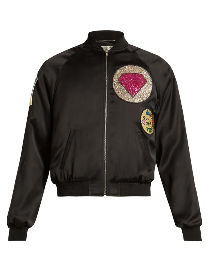 Saint Laurent Patch-appliqu Satin Bomber Jacket