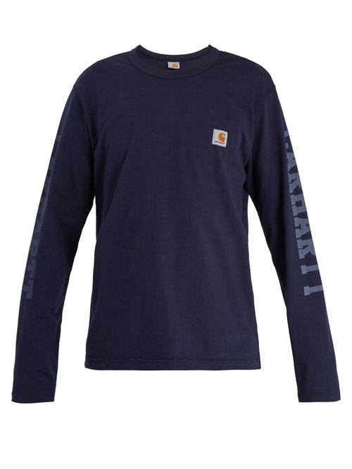 Matchesfashion.com Junya Watanabe - X Carhartt Logo Print Long Sleeved Cotton T Shirt - Mens - Navy