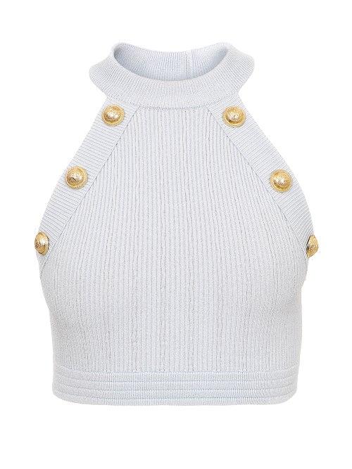 Ladies Rtw Balmain - Halterneck Buttoned Ribbed-jersey Crop Top - Womens - Blue