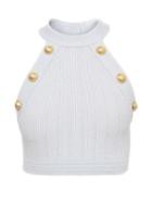 Ladies Rtw Balmain - Halterneck Buttoned Ribbed-jersey Crop Top - Womens - Blue