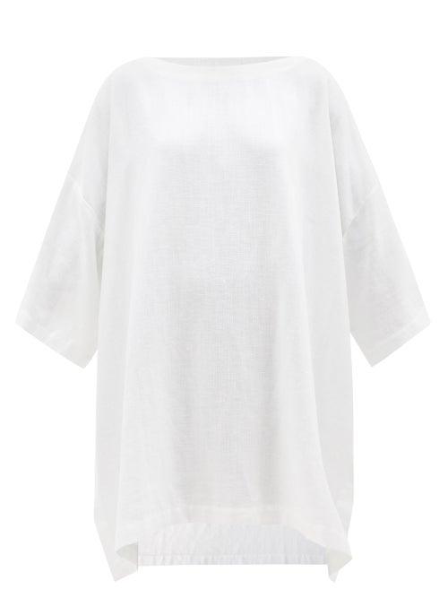 Eskandar - Boat-neck Linen-blend Voile T-shirt Dress - Womens - White
