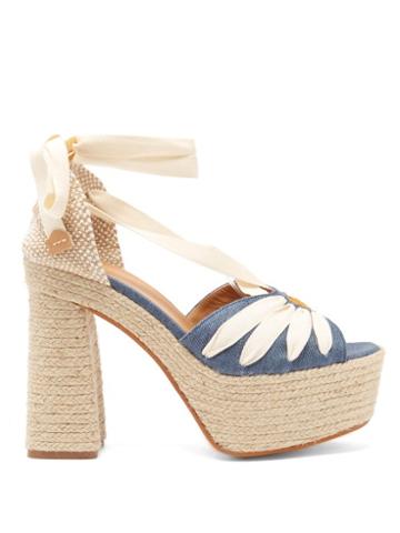 Matchesfashion.com Castaer - Aroa 130 Daisy-embroidered Linen Platform Sandals - Womens - Blue Multi
