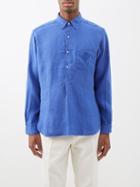 Ralph Lauren Purple Label - Half-button Monogram-embroidered Linen Shirt - Mens - Blue