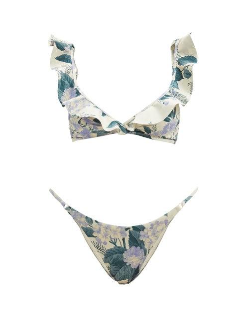 Matchesfashion.com Zimmermann - Cassia Ruffle-trimmed Floral-print Bikini - Womens - Blue Print