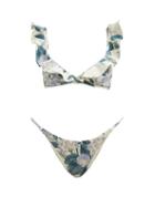 Matchesfashion.com Zimmermann - Cassia Ruffle-trimmed Floral-print Bikini - Womens - Blue Print