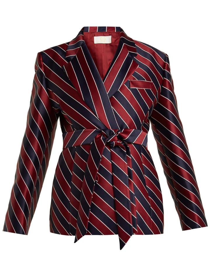 Sara Battaglia Striped Tie-waist Double-breasted Satin Blazer