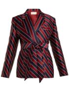 Sara Battaglia Striped Tie-waist Double-breasted Satin Blazer