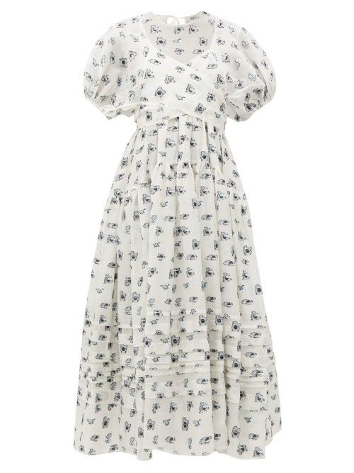 Matchesfashion.com Cecilie Bahnsen - Elisa Tie-back Rose Fil-coup Midi Dress - Womens - White Multi