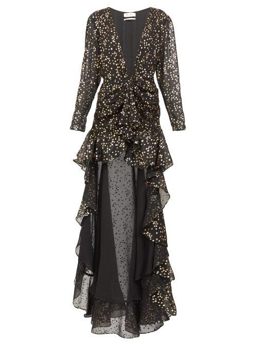 Matchesfashion.com The Attico - Star-print Dipped-hem Dress - Womens - Black Gold