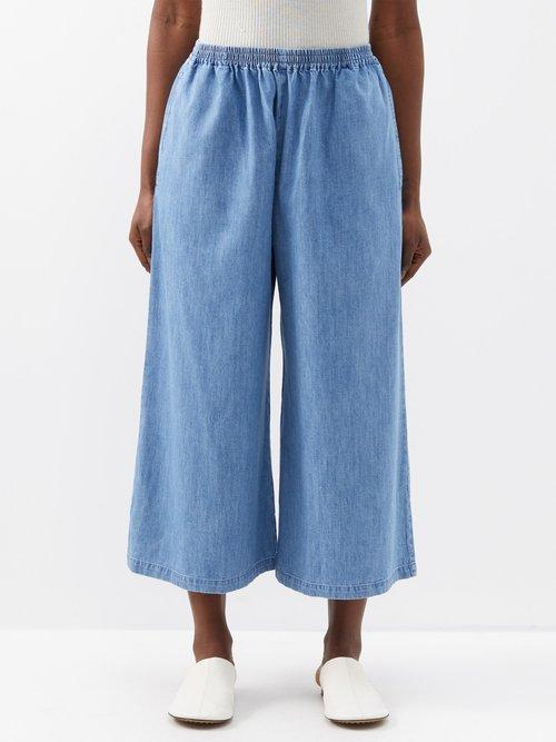 Eskandar - Elasticated-waist Cropped Denim Trousers - Womens - Light Blue