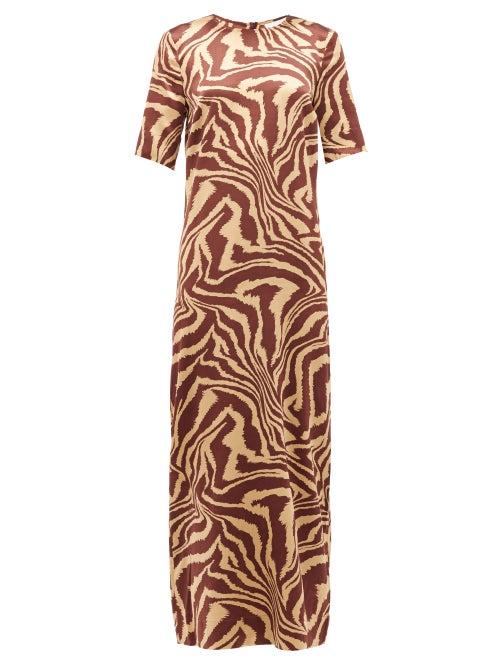 Matchesfashion.com Ganni - Zip-hem Tiger-print Silk-blend Dress - Womens - Multi