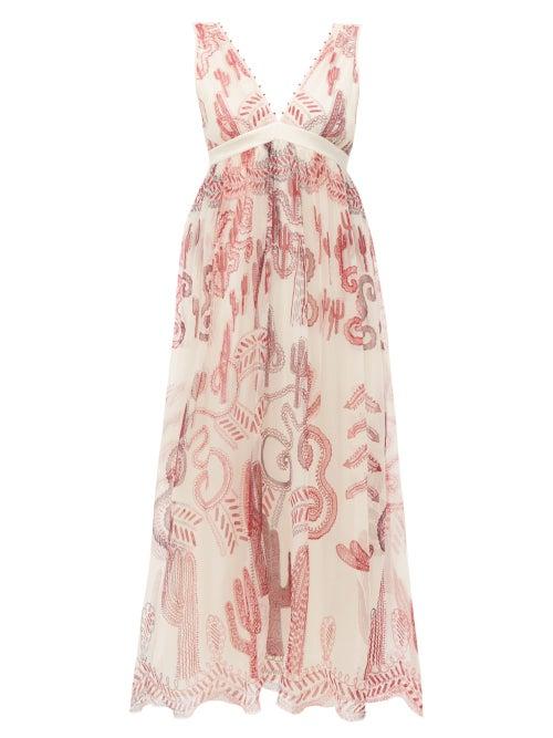 Matchesfashion.com Zandra Rhodes - Cactus Everywhere Silk Chiffon Midi Dress - Womens - White Print