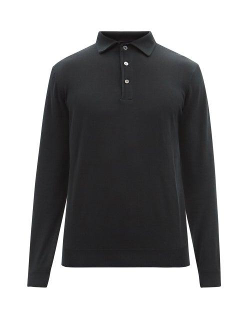 Thom Sweeney - Spread-collar Merino Long-sleeved Polo Shirt - Mens - Dark Green