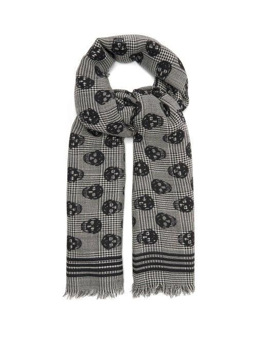 Matchesfashion.com Alexander Mcqueen - Skull-print Houndstooth Wool-blend Scarf - Mens - Black