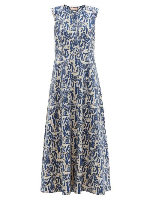 Ladies Rtw Marta Ferri - Arizona Tiger-print Cotton-blend Poplin Dress - Womens - Blue White